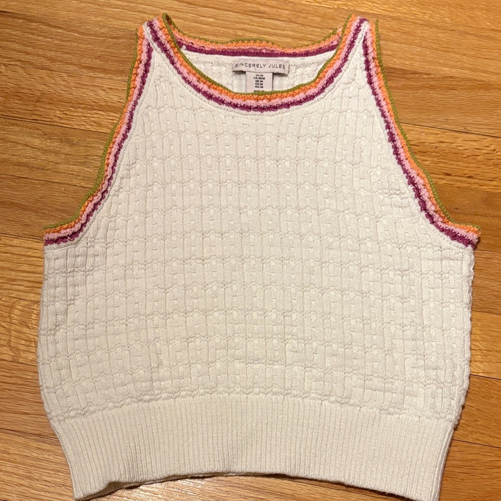 Sincerely Jules Cream Knit Tank with Pink, Orange & Green Trim